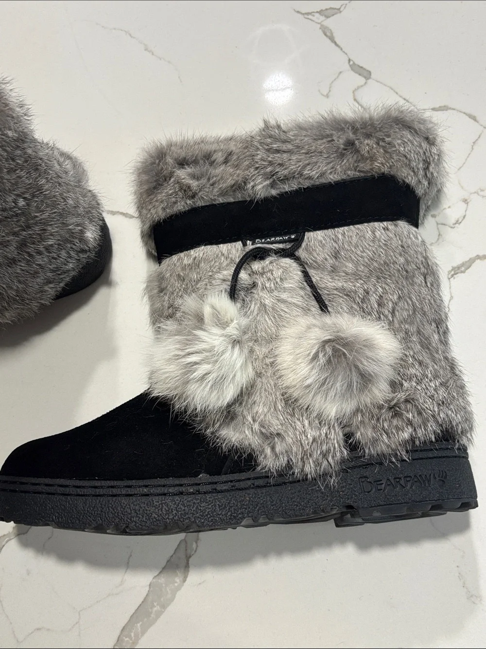 BearPaw Tama II Women's Black Suede Gray Rabbit Fur Pom Boot Grey 9 Sheepskin